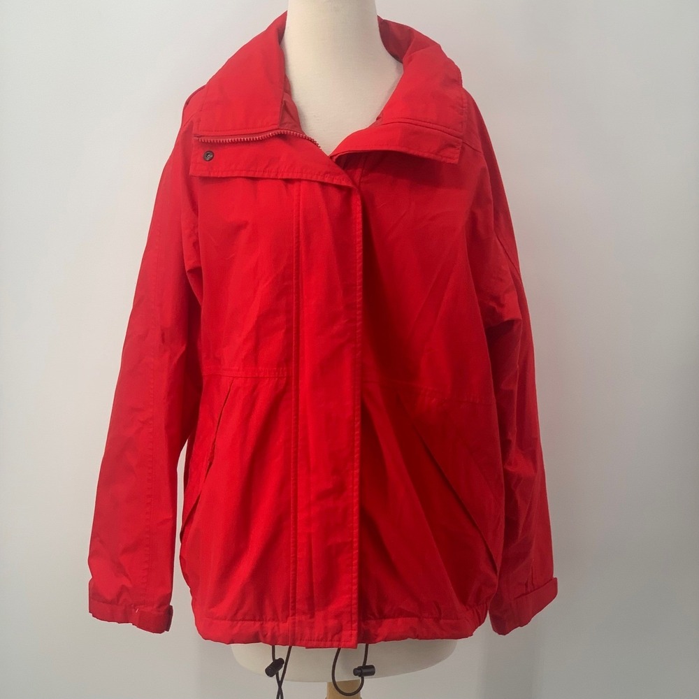 Lands' End Women's Zip/Snap‎ Front Rain Jacket Red Squall Parka Hooded Size L